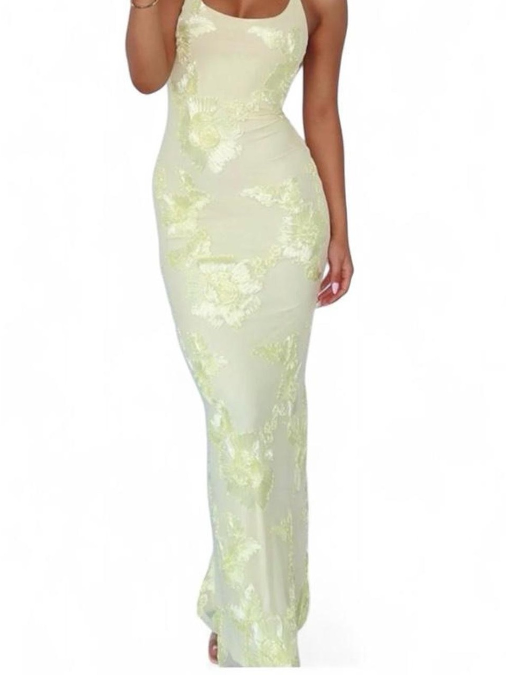 White fox Sleeveless Light Yellow Floral Embroidered Halter Bodycon Maxi Dress